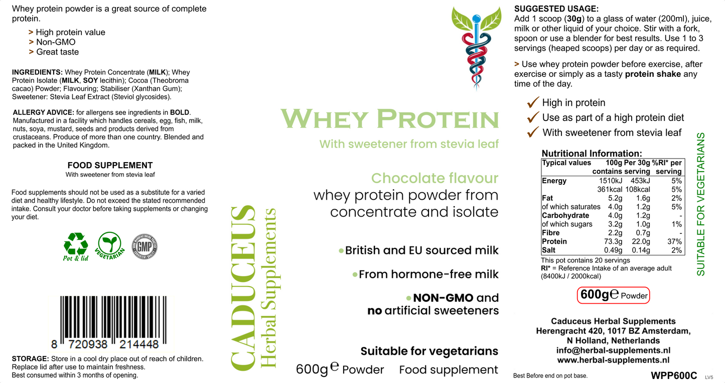 WheyProtein van weiconcentraat en isolaat (chocoladesmaak)
